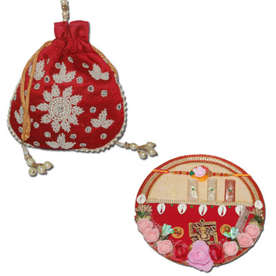"Designer Beads Potli (Red color), Rakhi Thali - RT-2310 A - Click here to View more details about this Product